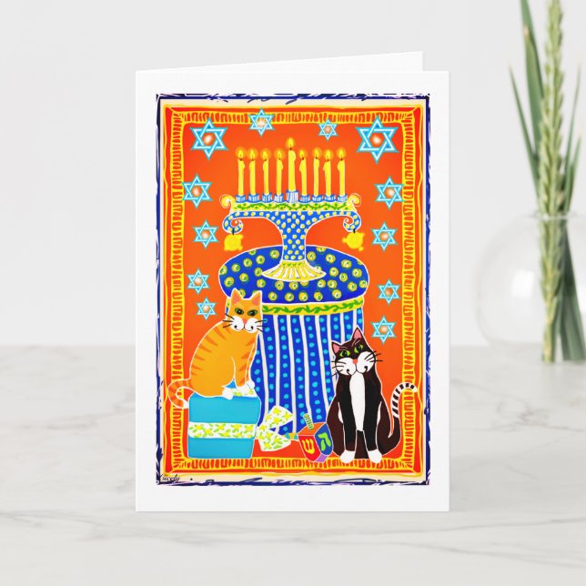 Tuxedo and Tabby Cat Celebrate Hanukkah  Holiday Card (Front)