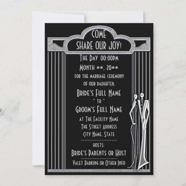 Tuxedo - Art Deco - Black and Silver - Wedding Invitation (Front)