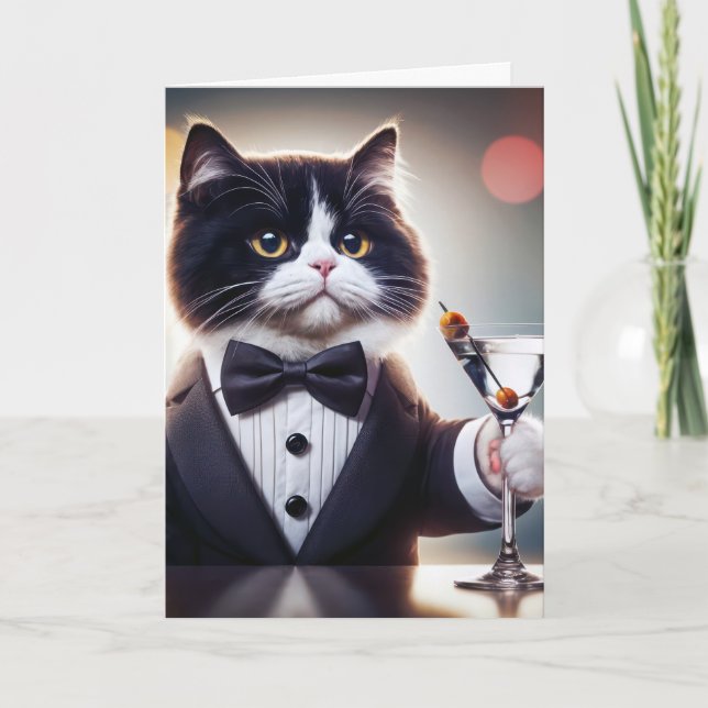 Tuxedo Birthday Cat With Martini Cocktail Card (Front)