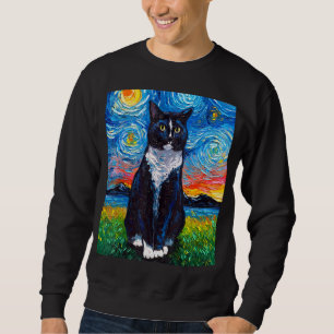 Tuxedo Black and White Cat Starry Night Art by Aja Sweatshirt