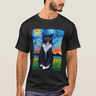 Tuxedo Black And White Cat Starry Night Art By Aja T-Shirt