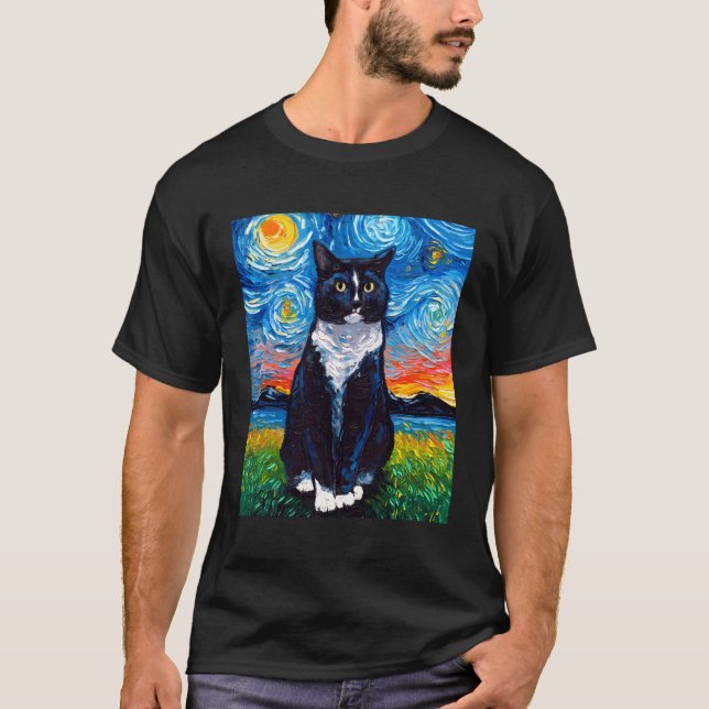Tuxedo Black And White Cat Starry Night Art By Aja T-Shirt (Front)