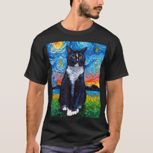 Tuxedo Black and White Cat Starry Night Art by Aja T-Shirt