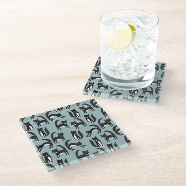 Tuxedo Black and White Cats Glass Coaster (Angled)