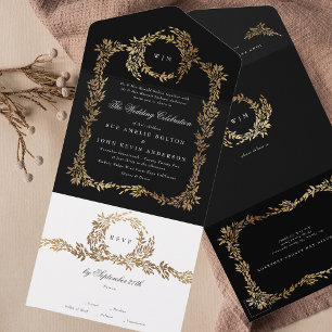 Tuxedo Black Gold Botanical Wreath Classic Wedding All In One Invitation