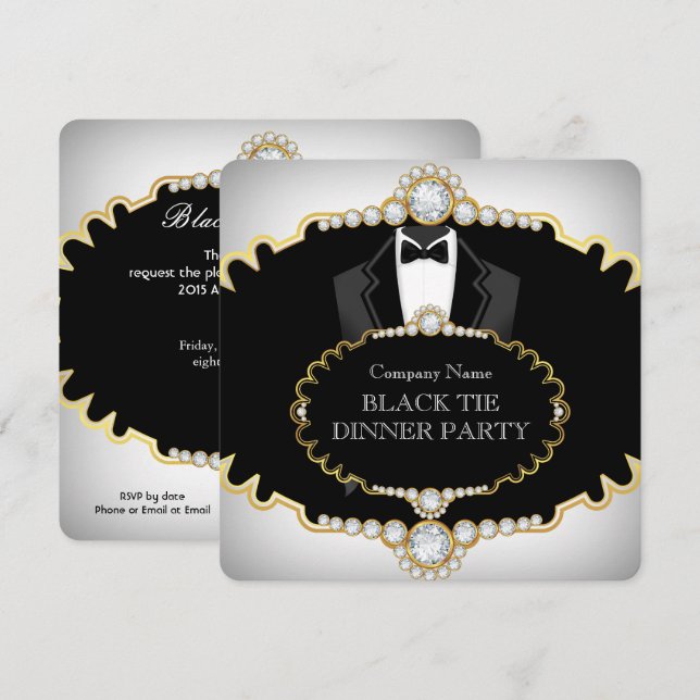 Tuxedo Black Tie Dinner Party White Gold Invitation (Front/Back)