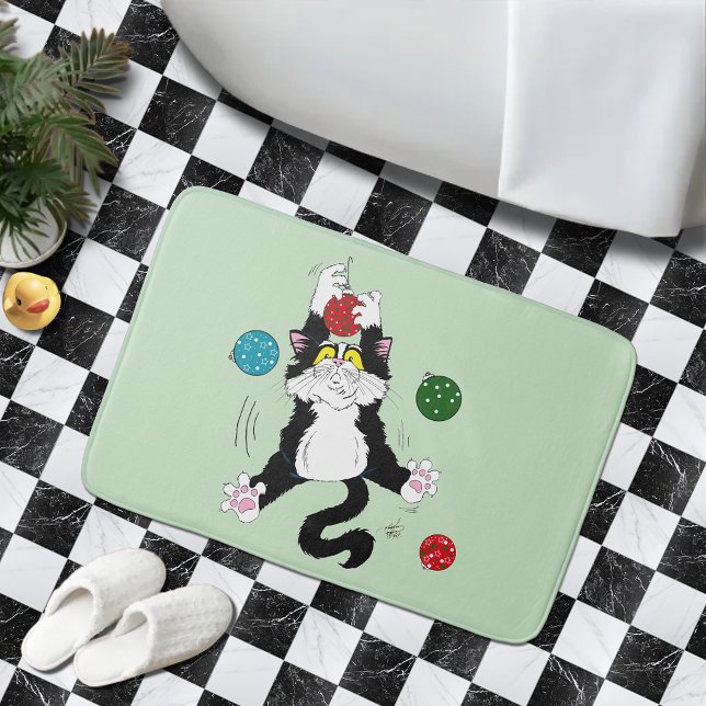 Tuxedo Black White Christmas Cat Bath Mat (Creator Uploaded)