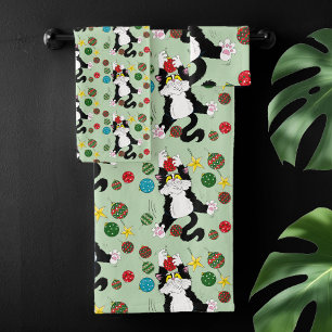 Tuxedo Black White Christmas Cat Bath Towel Set