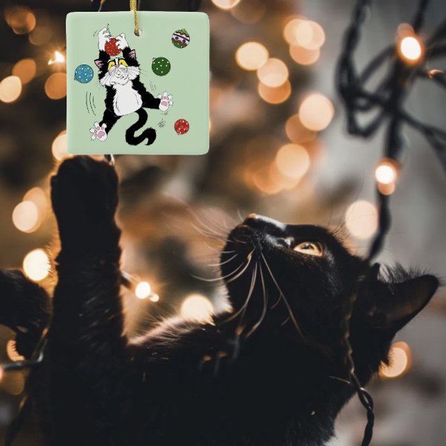Tuxedo Black White Christmas Cat Ceramic Ornament (Creator Uploaded)