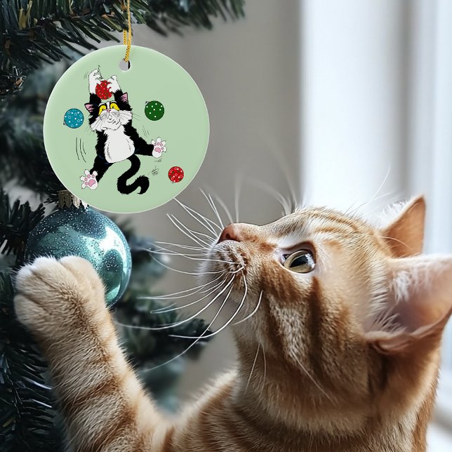 Tuxedo Black White Christmas Cat Ceramic Ornament (Creator Uploaded)