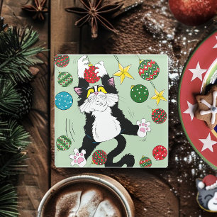 Tuxedo Black White Christmas Cat Glass Coaster