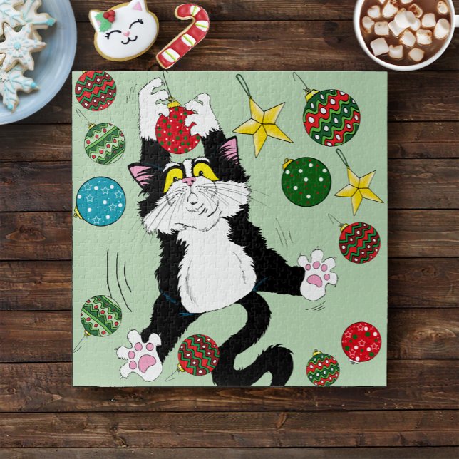 Tuxedo Black White Christmas Cat Jigsaw Puzzle (Creator Uploaded)