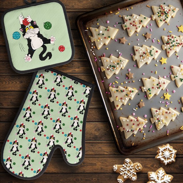 Tuxedo Black White Christmas Cat Oven Mitt & Pot Holder Set (Creator Uploaded)