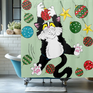 Tuxedo Black White Christmas Cat Shower Curtain