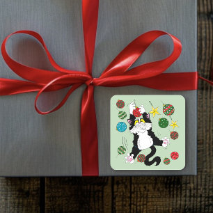 Tuxedo Black White Christmas Cat Square Sticker