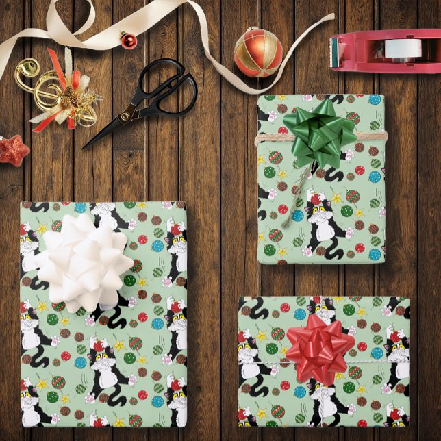 Tuxedo Black White Christmas Cat Wrapping Paper Sheet (Creator Uploaded)