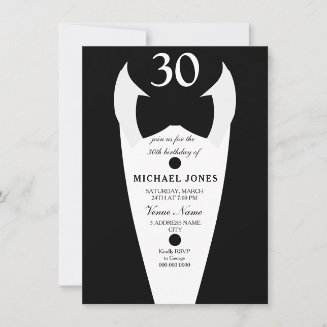 Tuxedo Bow Tie Mens 30th Birthday Party Invite (Front)