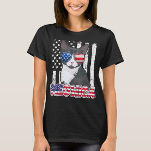 Tuxedo Cat 4th July Meowica American Flag Mum Dad  T-Shirt