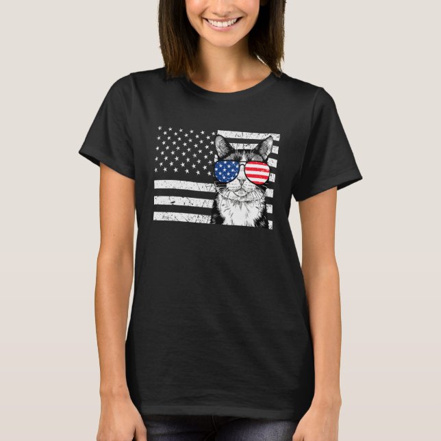 Tuxedo Cat 4th of July US American Flag Patriotic T-Shirt (Front)