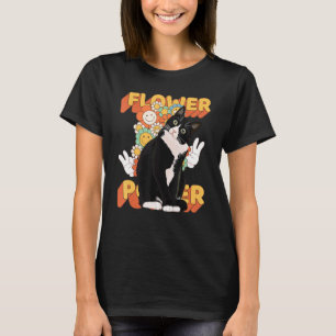 Tuxedo Cat 60s 70s Flower Floral Peace Sign T-Shirt