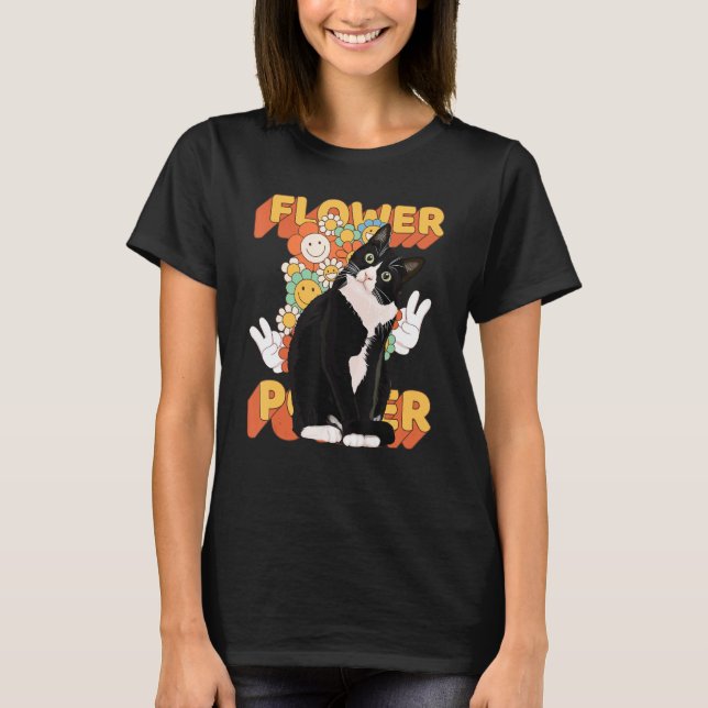 Tuxedo Cat 60s 70s Flower Floral Peace Sign T-Shirt (Front)