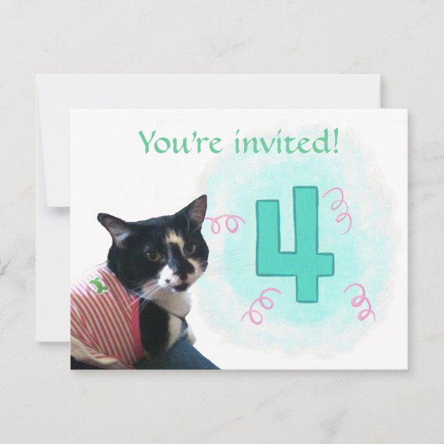 Tuxedo Cat Age Four Birthday Party Invitations (Front)