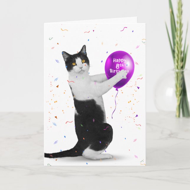Tuxedo Cat and 8th Birthday Balloon Card (Front)