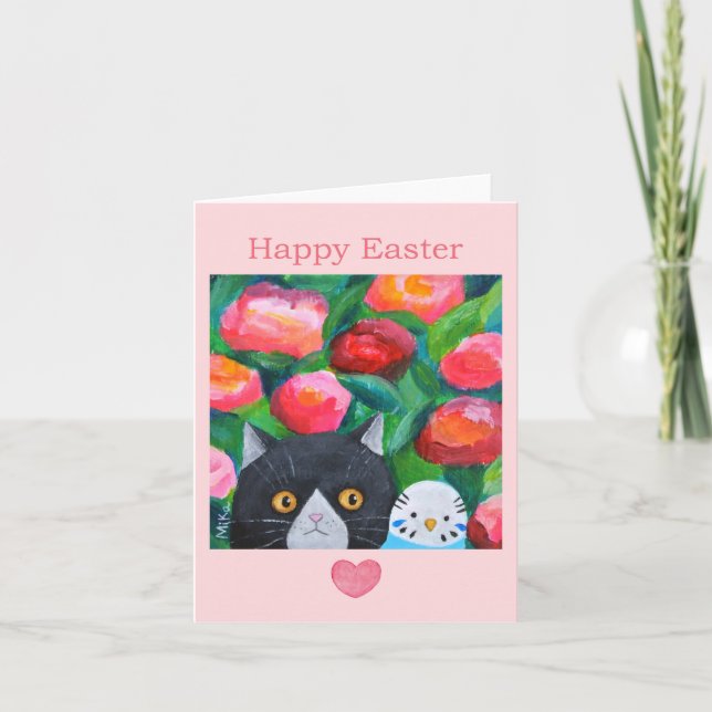 Tuxedo Cat and Blue Budge Unique Folk Art Easter   Card (Front)