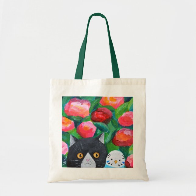 Tuxedo Cat and Blue Budgie Parakeet Funny Cute  Tote Bag (Front)