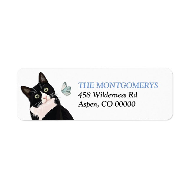 Tuxedo Cat and Blue Butterfly Return Address Label (Front)