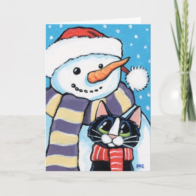Tuxedo Cat and Carrot Nose Snowman Painting Holiday Card (Front)