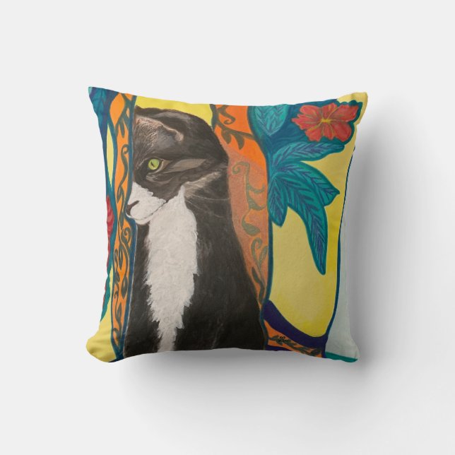 Tuxedo Cat and Embroidered Window Curtains Cushion (Front)