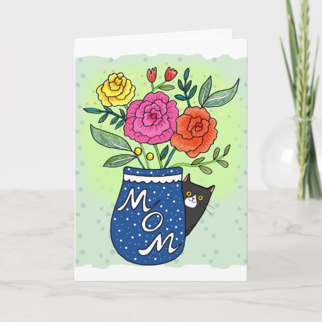 Tuxedo Cat and Flowers Custom Text Mother's Day Card (Front)