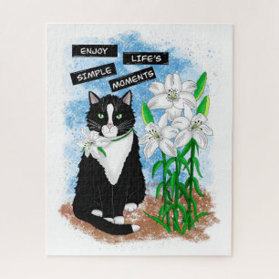Tuxedo Cat and Lilies   Inspirational Quote Jigsaw Puzzle