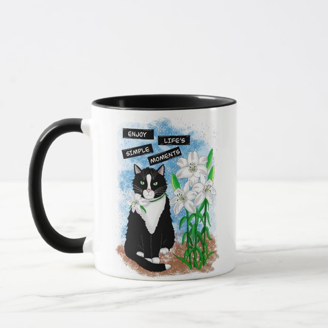 Tuxedo Cat and Lilies | Inspirational Quote Mug (Left)