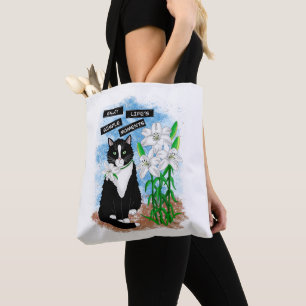 Tuxedo Cat and Lilies   Inspirational Quote Tote Bag