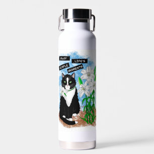 Tuxedo Cat and Lilies   Inspirational Quote Water Bottle