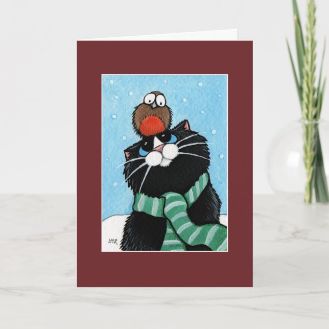 Tuxedo Cat and Robin Christmas Card (Front)