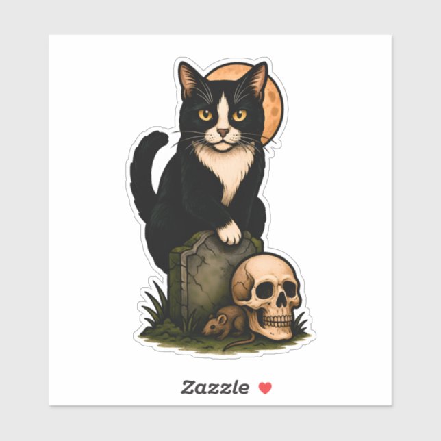 Tuxedo Cat and Skull – Cute Gothic Graveyard Desig (Sheet)