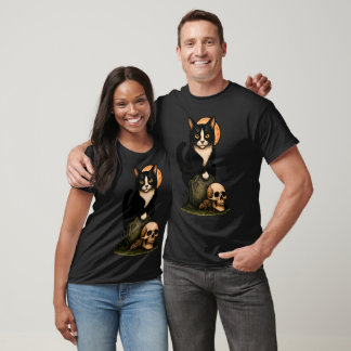 Tuxedo Cat and Skull – Cute Gothic Graveyard Desig T-Shirt