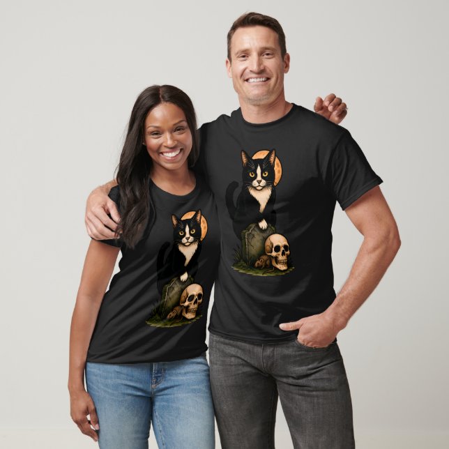 Tuxedo Cat and Skull – Cute Gothic Graveyard Desig T-Shirt (Unisex)