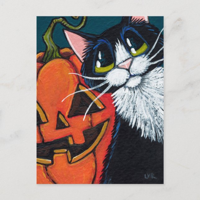 Tuxedo Cat and Smiling Pumpkin Lantern Postcard (Front)