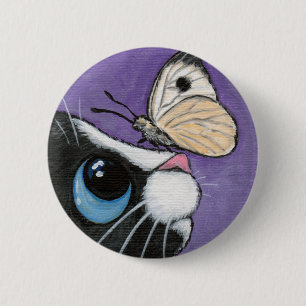 Tuxedo Cat and White Butterfly Painting 6 Cm Round Badge