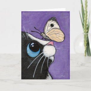 Tuxedo Cat and White Butterfly Painting Card