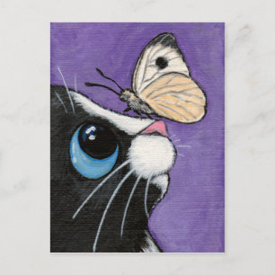 Tuxedo Cat and White Butterfly Painting Postcard