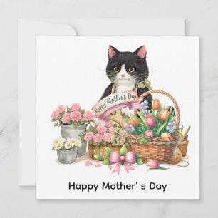 Tuxedo cat arranging flower Mother;s Day Holiday Card