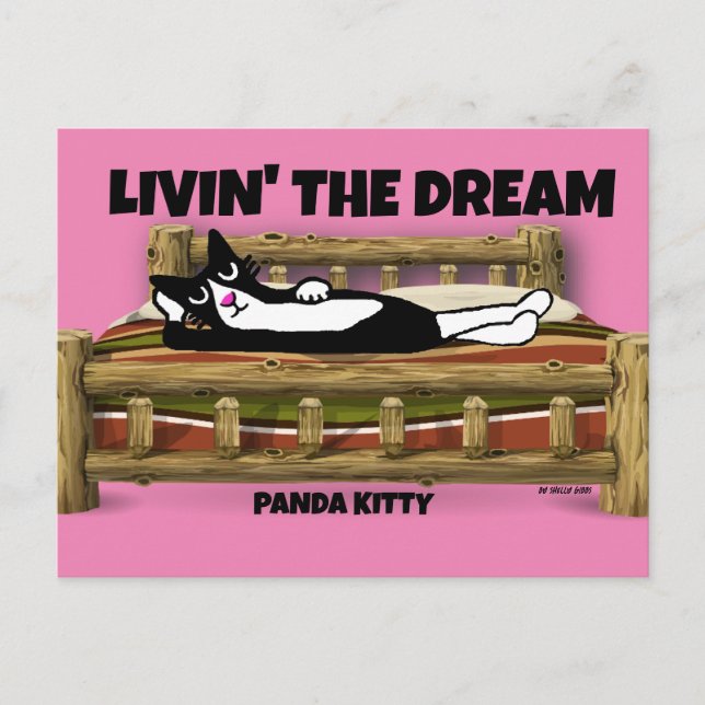 TUXEDO CAT ART, RELAXING IN BED PANDA KITTY   POSTCARD (Front)