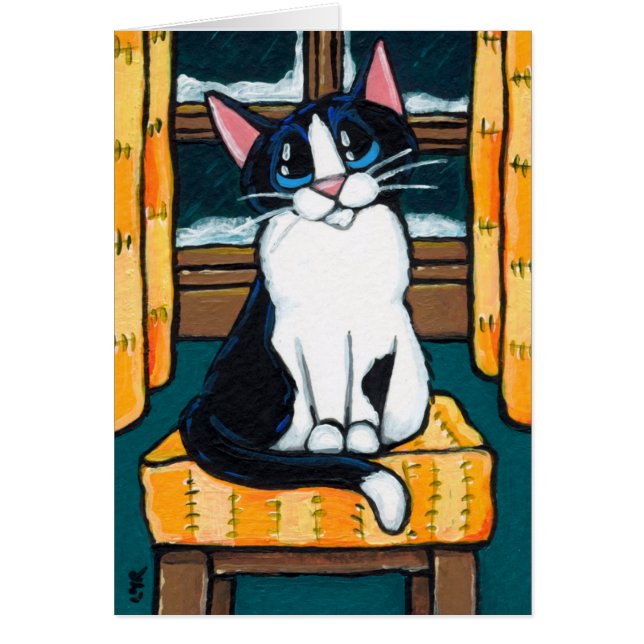 Tuxedo Cat at Snowy Window Painting (Front)