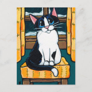 Tuxedo Cat at Snowy Window Painting Postcard
