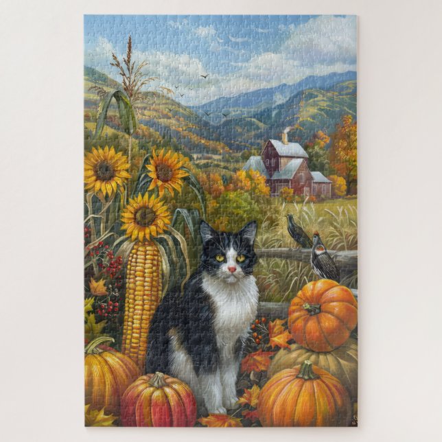 Tuxedo Cat Autumn Harvest Thanksgiving Jigsaw Puzzle (Vertical)